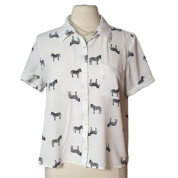 Pink Rose Womens Zebra Blouse M White  Button-Up SS Y2K Animal Print Chic Nature - Picture 1 of 6